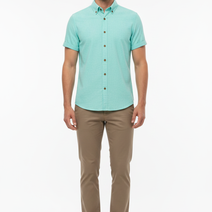 Wam Denim Quarn Turquoise Short Sleeve Shirt – model front view, tucked in