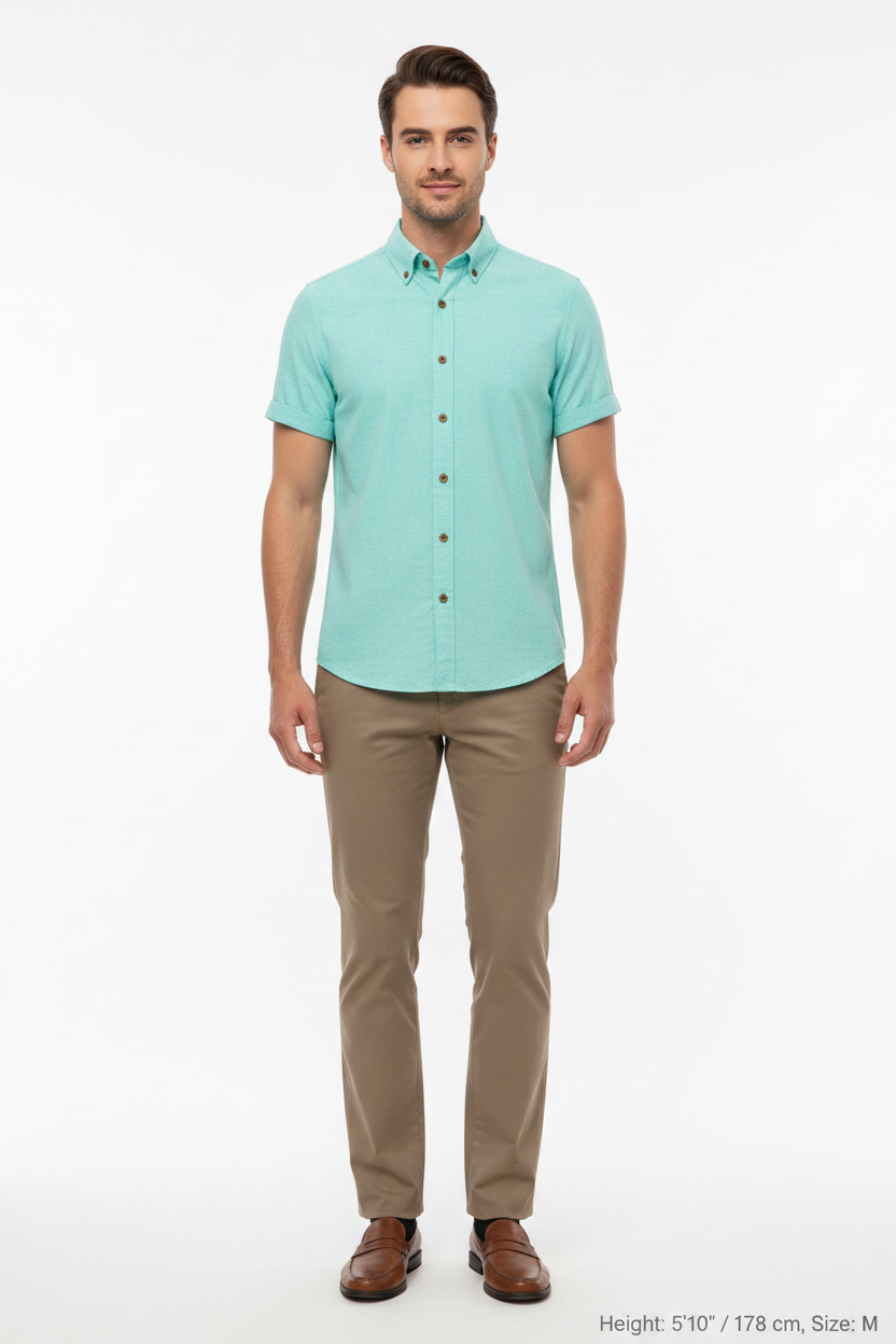 Wam Denim Quarn Turquoise Short Sleeve Shirt – model front view, tucked in