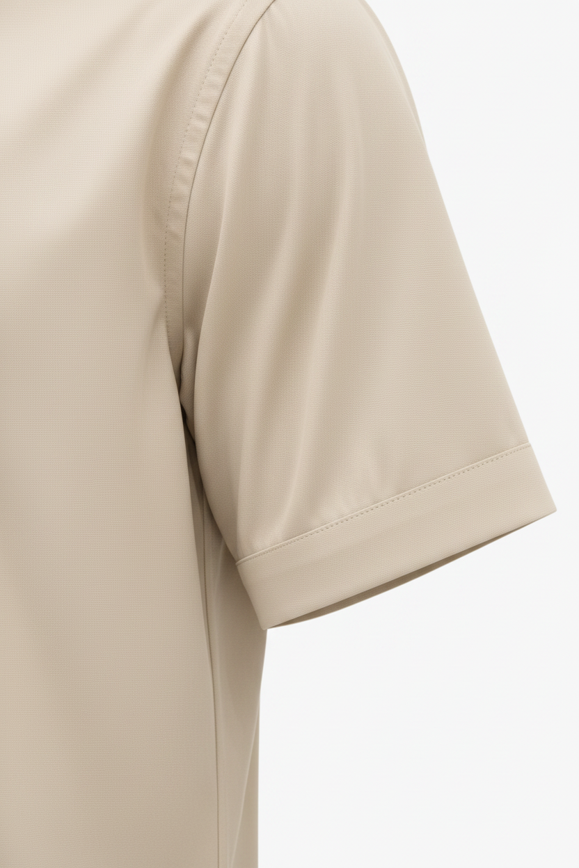 Wam Denim Brylor Beige Shirt – short sleeve and hem detail with dark button