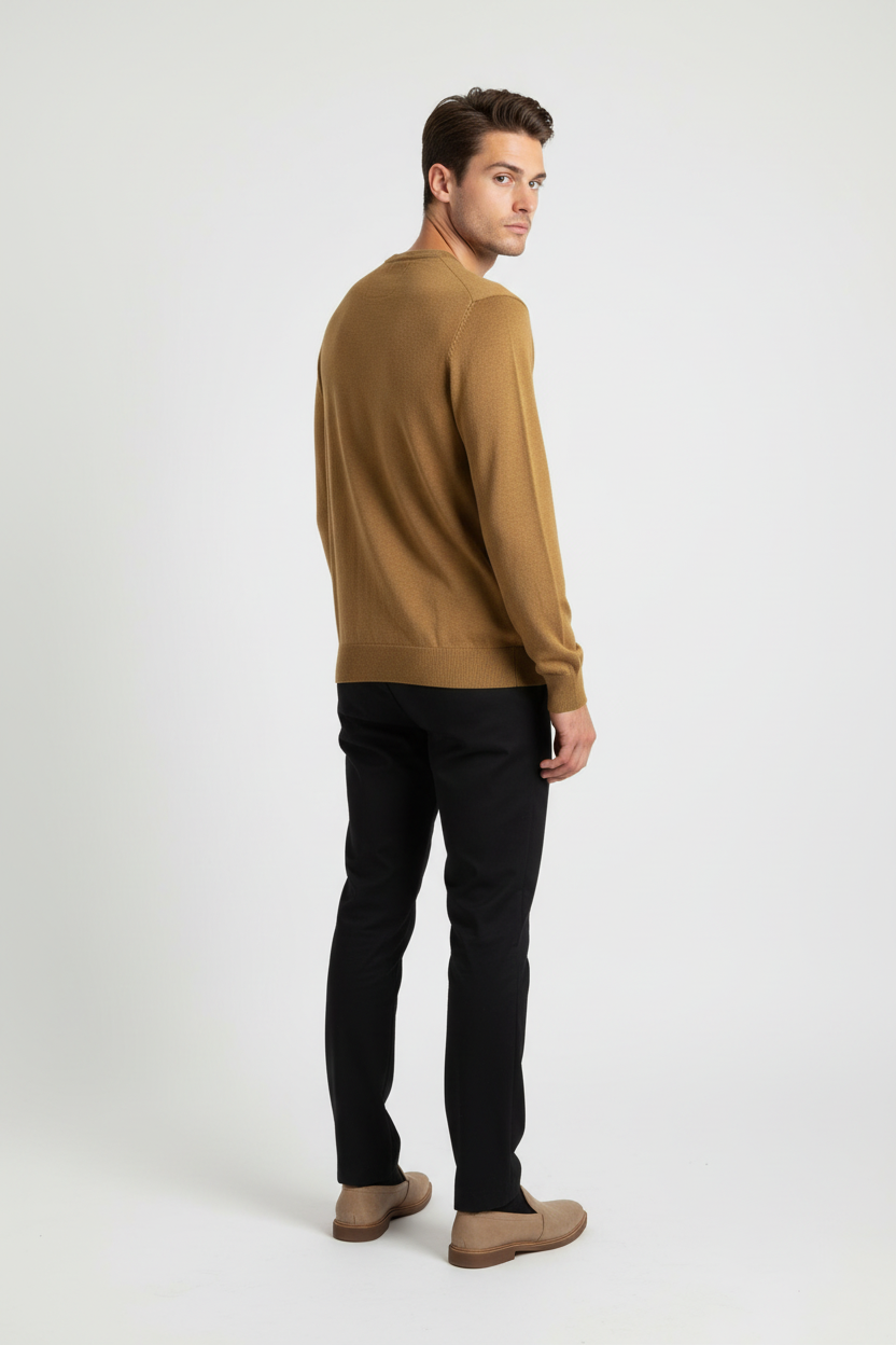 Back view of a male model wearing a Wam Denim dark-yellow crew-neck sweater