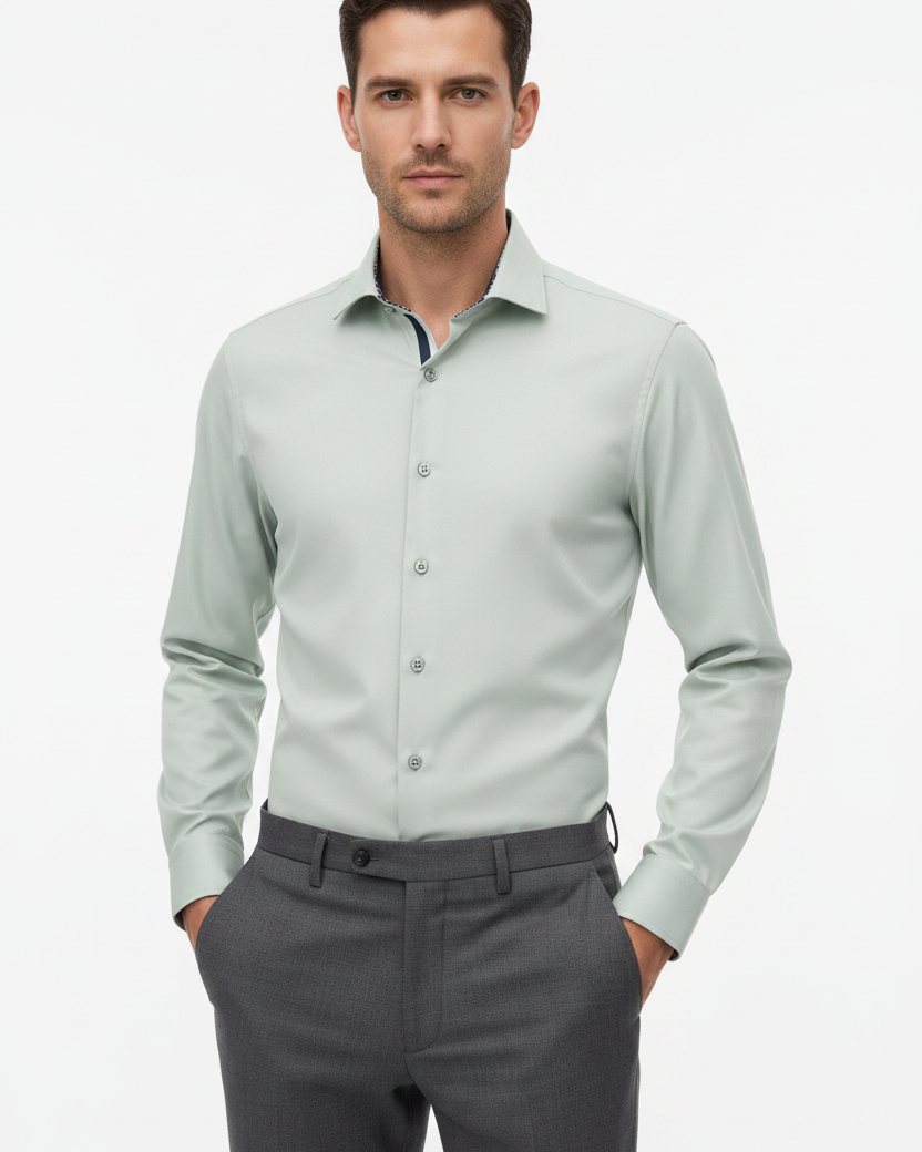 Wam Denim Kalden Light Menthol Long Sleeve Shirt – model front view, tucked in