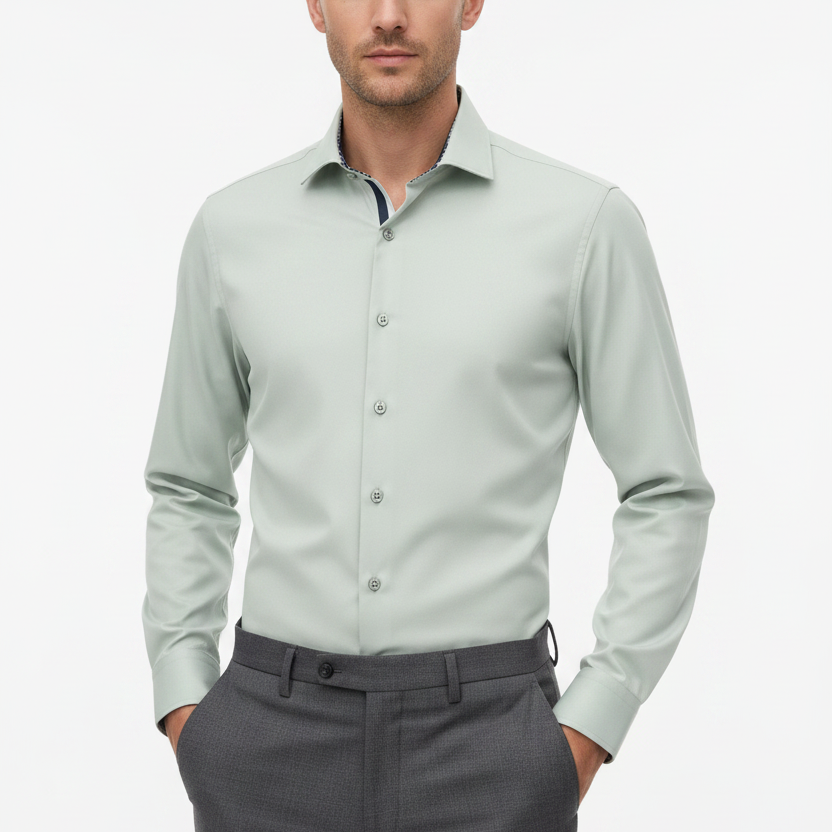 Wam Denim Kalden Light Menthol Long Sleeve Shirt – model front view, tucked in