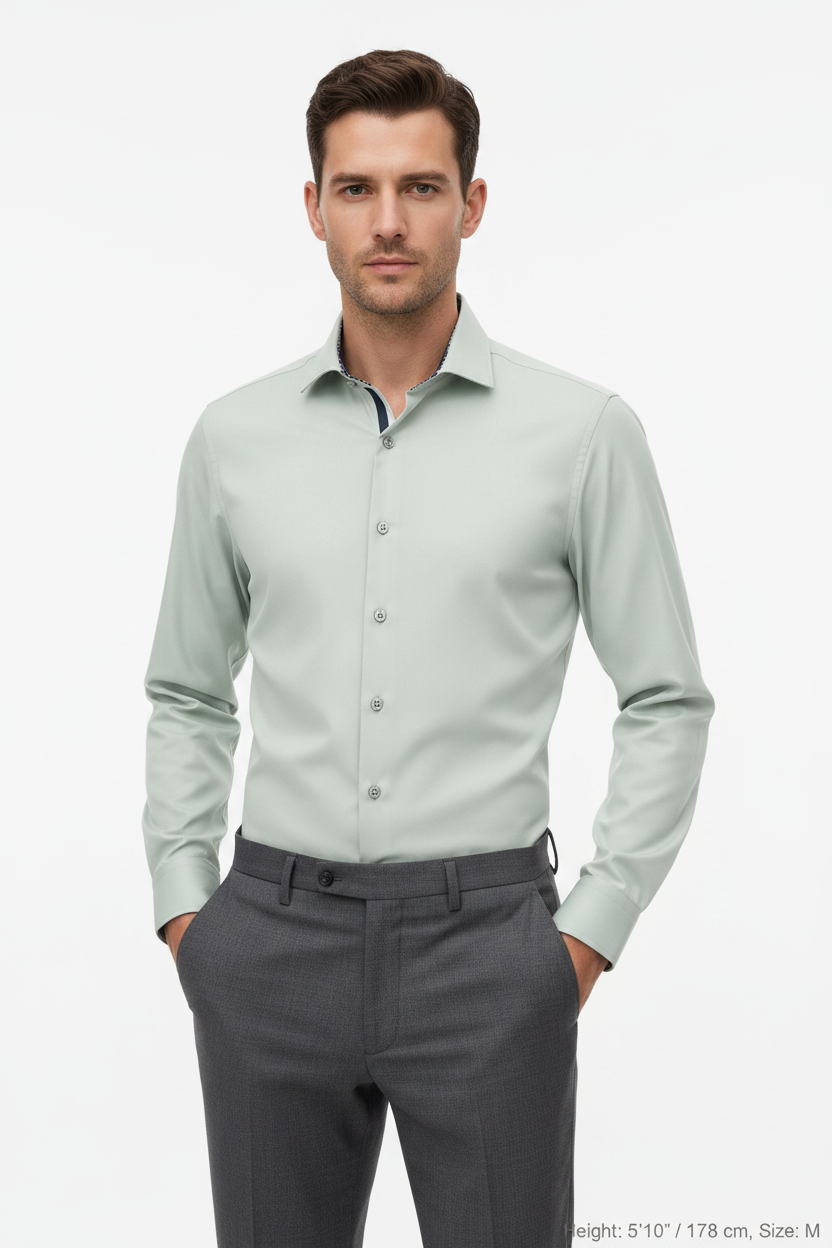 Wam Denim Kalden Light Menthol Long Sleeve Shirt – model front view, tucked in
