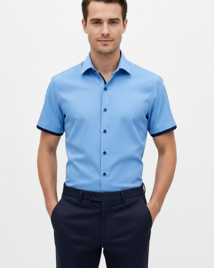 Wam Denim Valmor Sky Blue Short Sleeve Shirt – model front view, tucked in