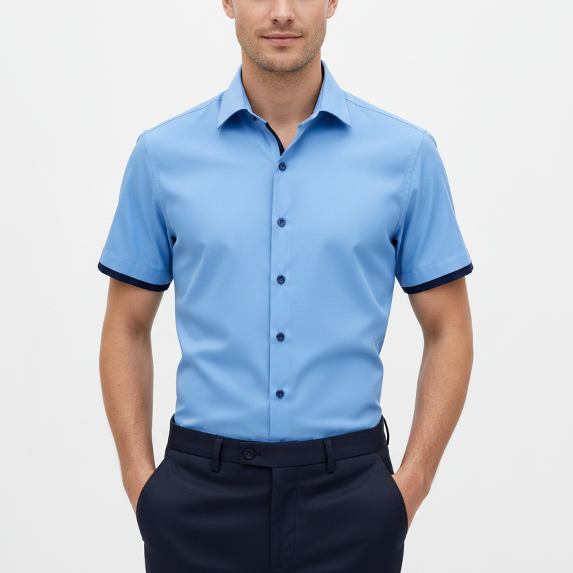 Wam Denim Valmor Sky Blue Short Sleeve Shirt – model front view, tucked in