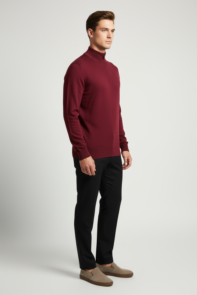 Side view of a male model wearing the Wam Denim Lux dark-red mock-neck sweater