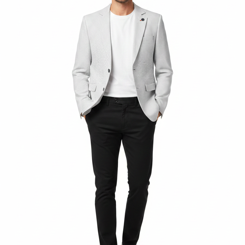 Front view - white textured blazer on model