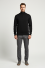 Close view of the ribbed stand collar, quarter zipper and fine-knit texture of the Sharp black sweater