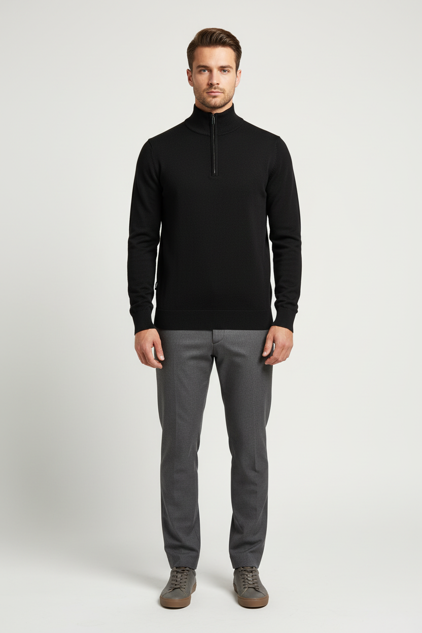 Close view of the ribbed stand collar, quarter zipper and fine-knit texture of the Sharp black sweater