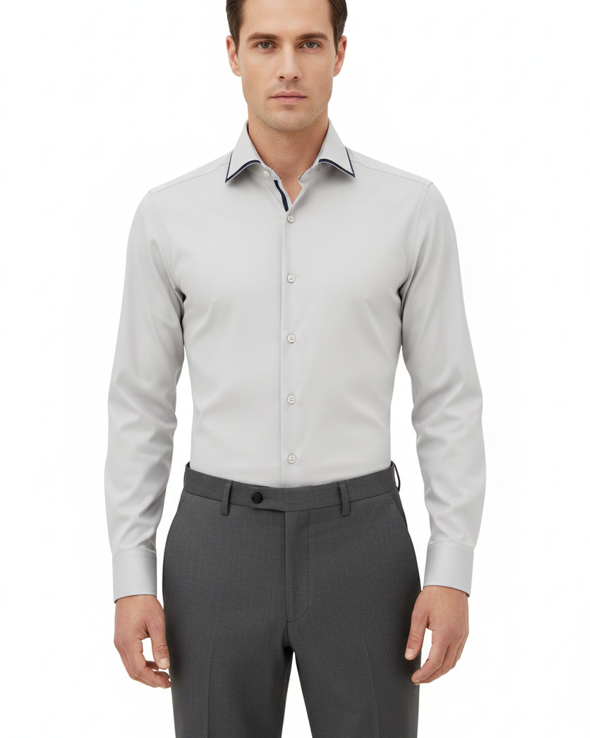 Wam Denim Norvik Light Grey Long Sleeve Shirt – model front view, tucked in