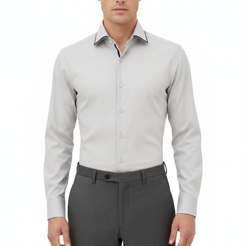Wam Denim Norvik Light Grey Long Sleeve Shirt – model front view, tucked in
