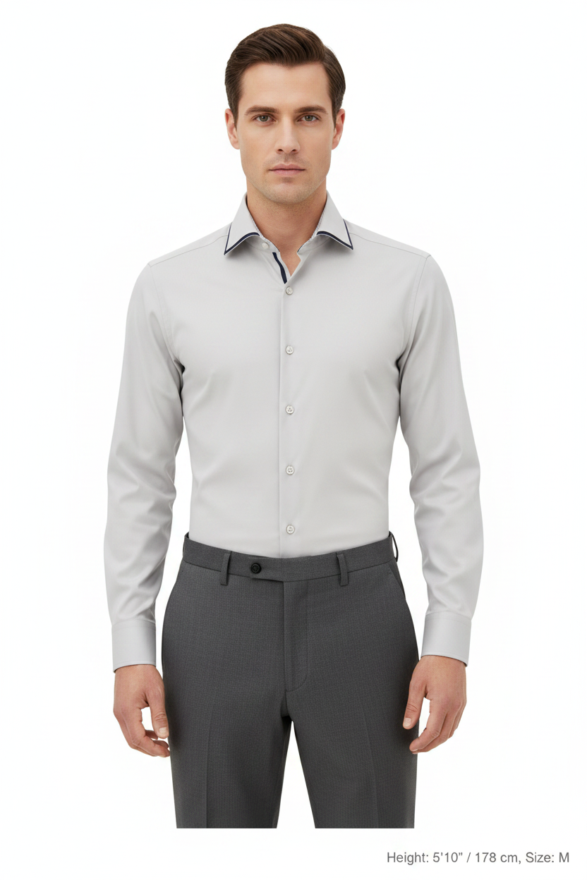 Wam Denim Norvik Light Grey Long Sleeve Shirt – model front view, tucked in