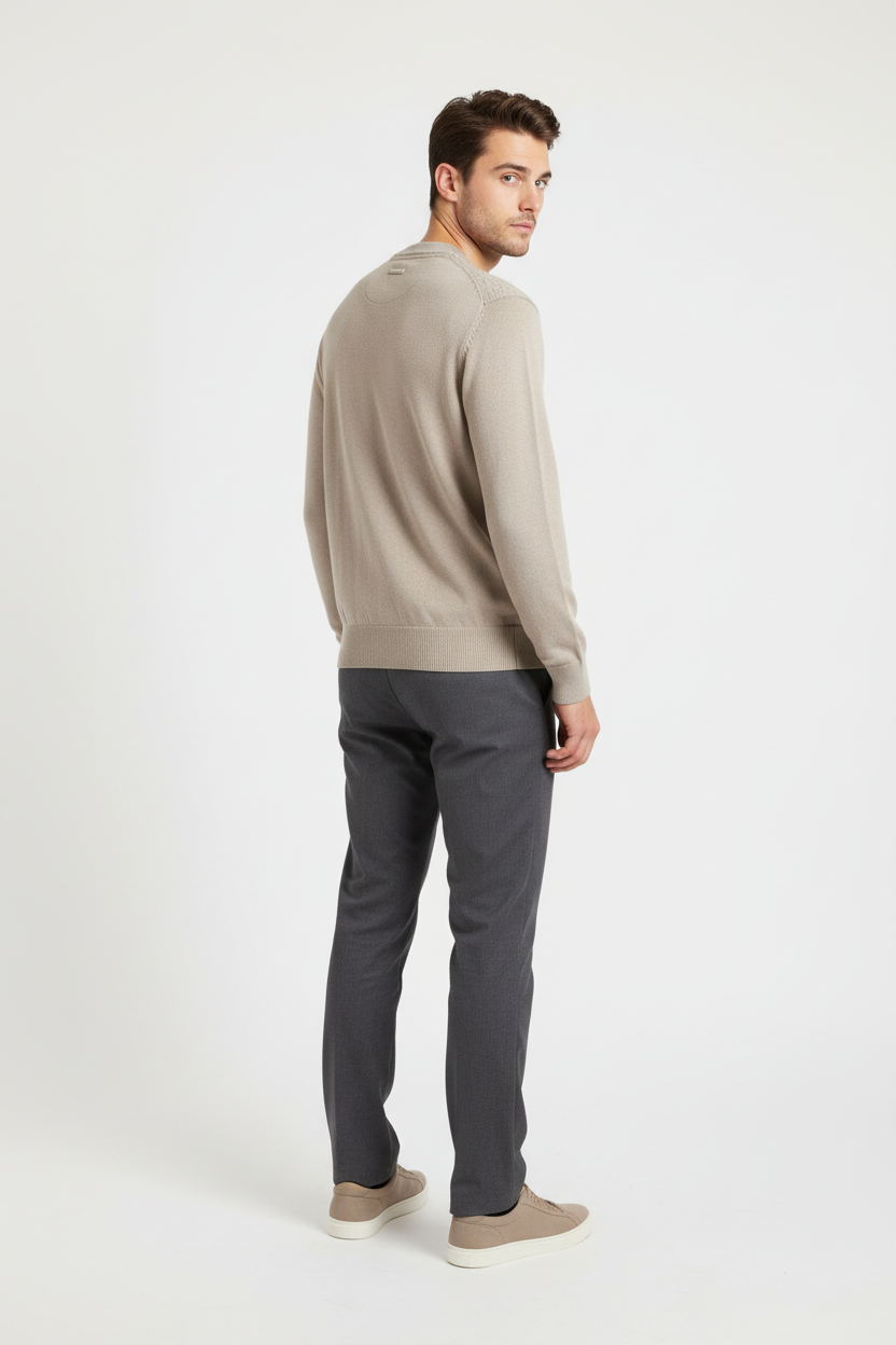 Back view of a male model wearing the Forge beige sweater with a smooth-knit back
