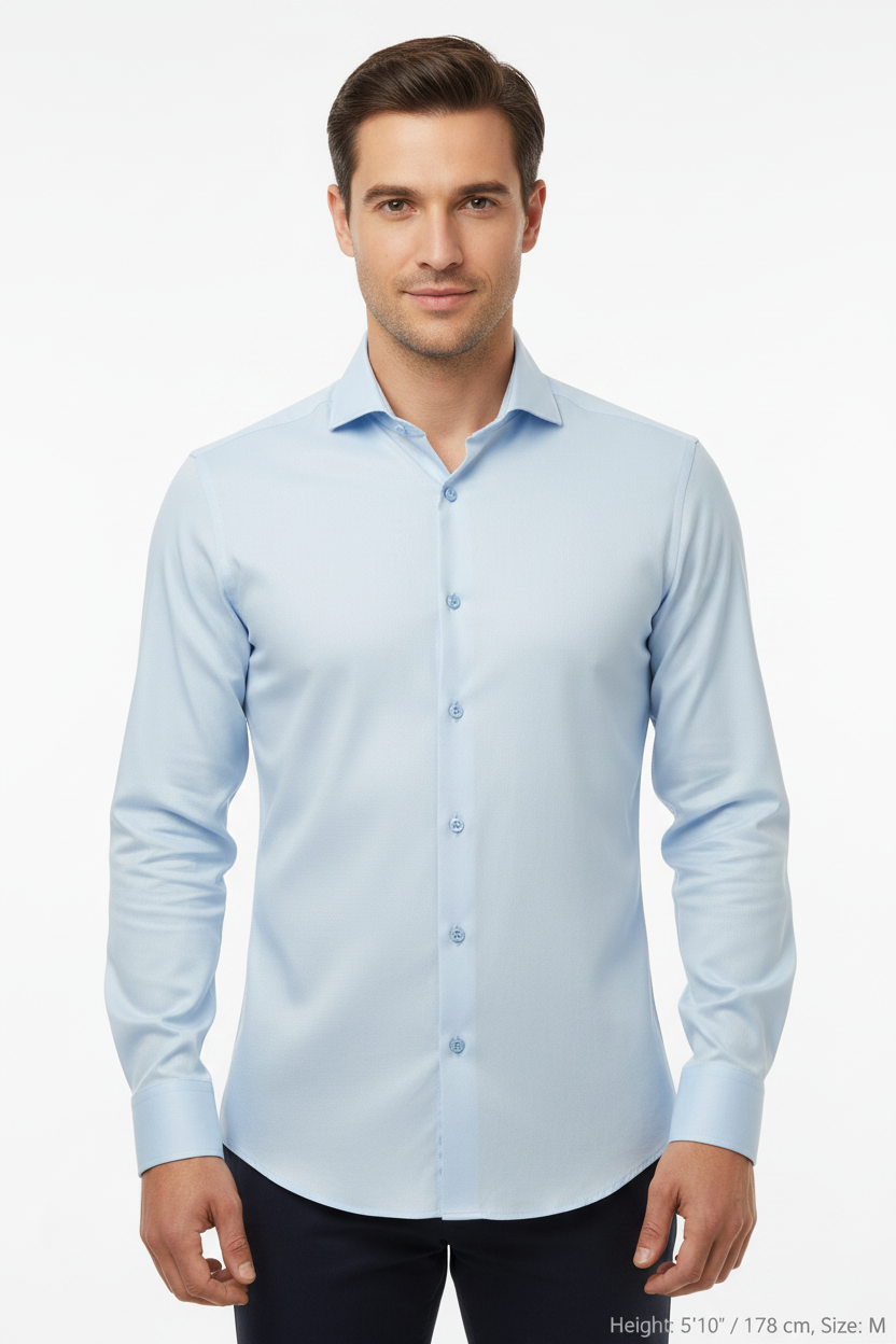 Upper body front - light blue shirt first button open