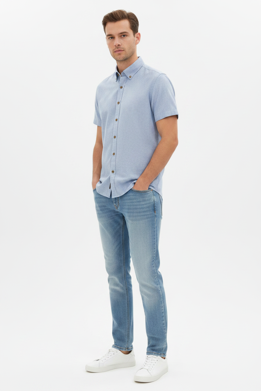 Wam Denim Quarn Blue Short Sleeve Shirt – three-quarter view on model, casual style
