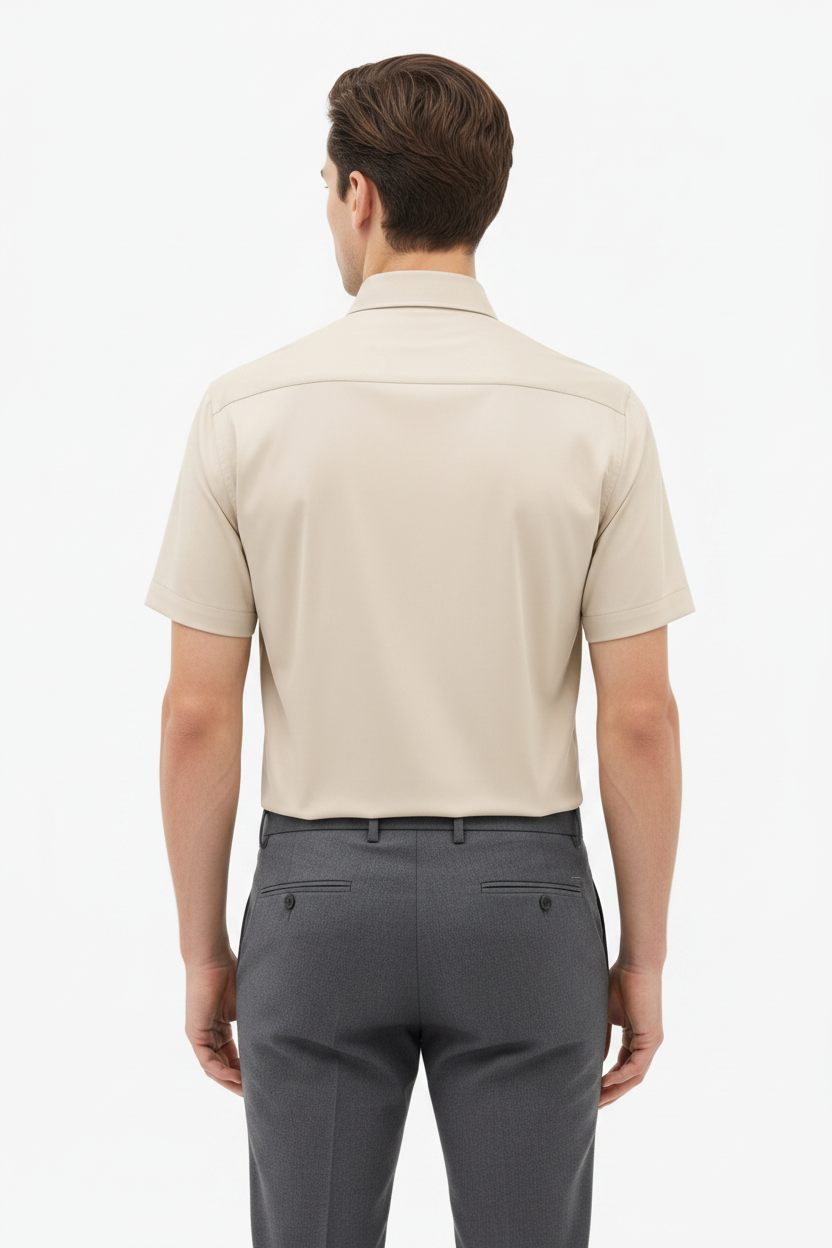 Wam Denim Brylor Beige Short Sleeve Shirt – back view on model