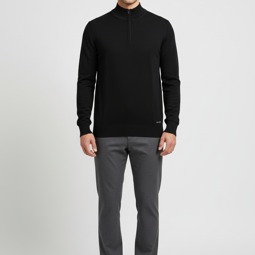 Male model wearing the Wam Denim Halron black quarter-zip knit sweater, front view
