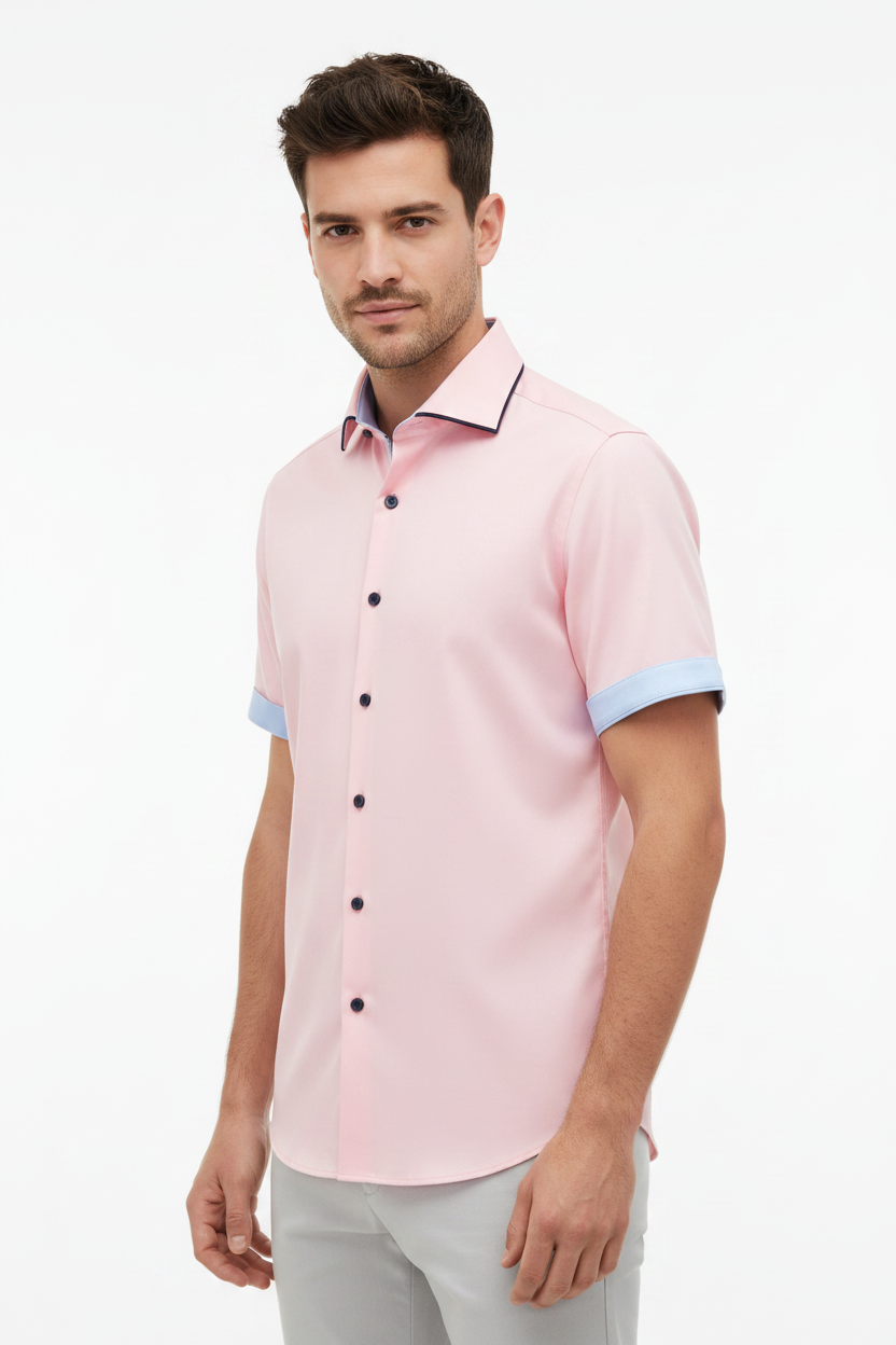 Wam Denim Seldor Pink Short Sleeve Shirt – three-quarter view on model, casual style