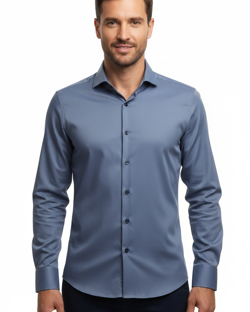 Upper body front - steel blue shirt relaxed pose