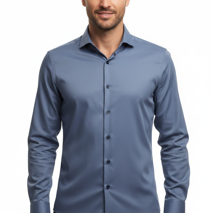Upper body front - steel blue shirt relaxed pose
