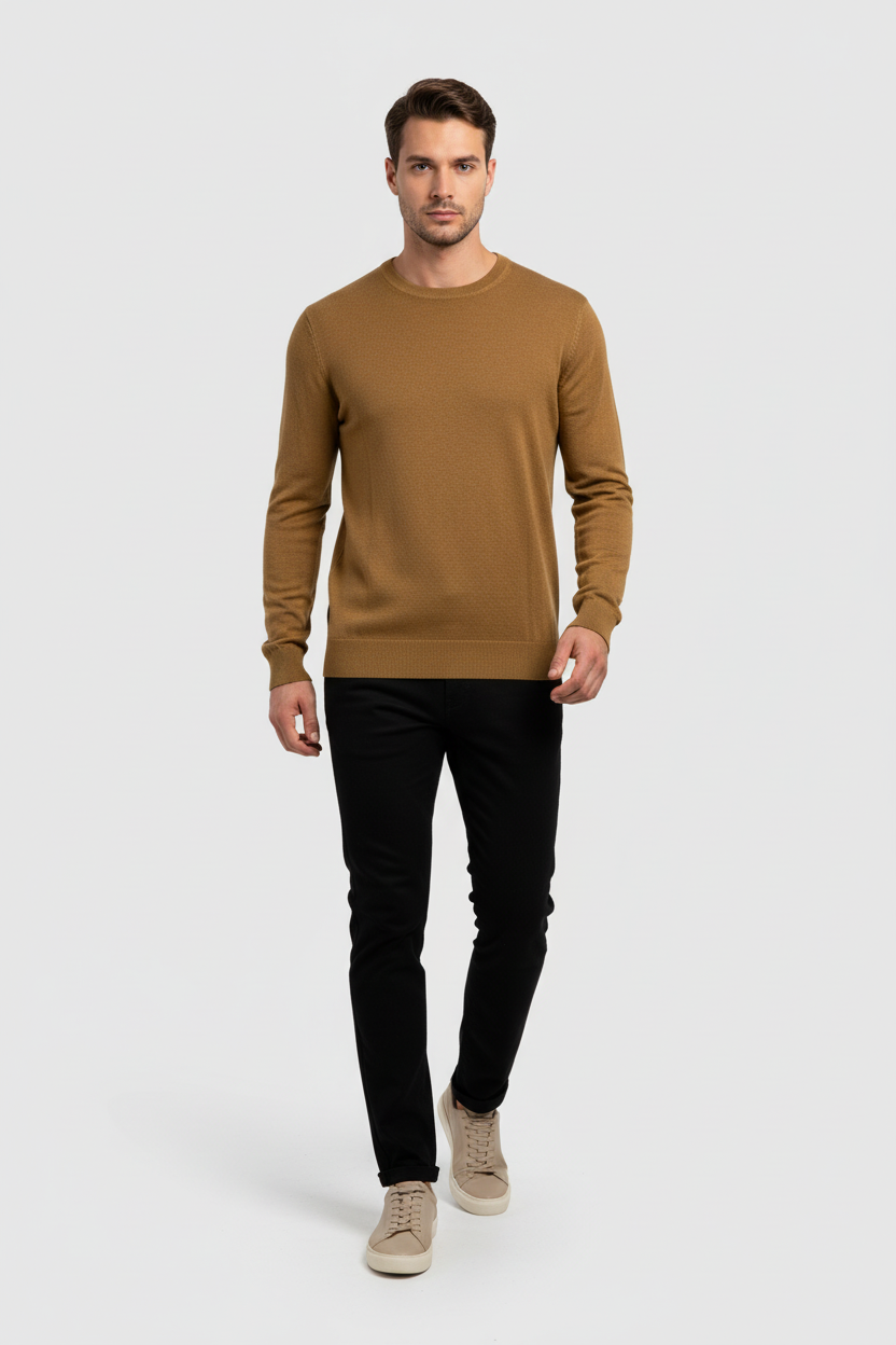 Male model in a walking pose wearing a Wam Denim dark-yellow crew-neck knit sweater