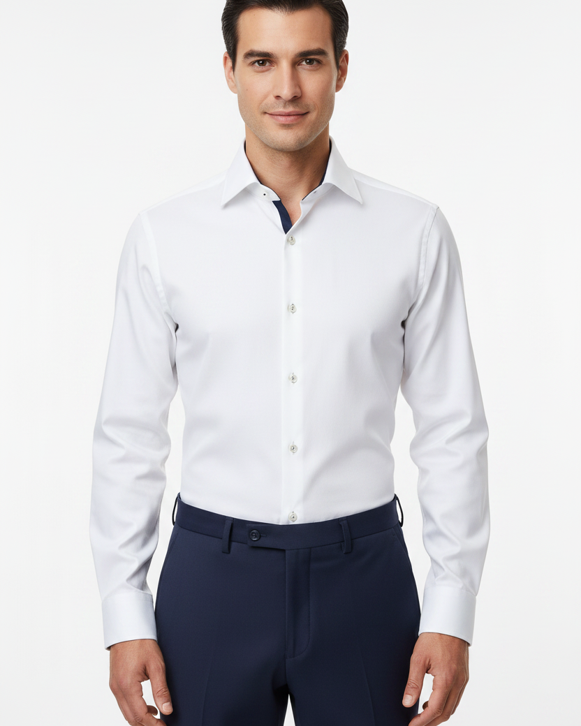 Wam Denim Jenvor White Long Sleeve Shirt – model front view, tucked in