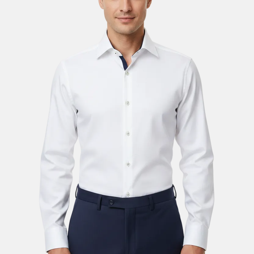 Wam Denim Jenvor White Long Sleeve Shirt – model front view, tucked in