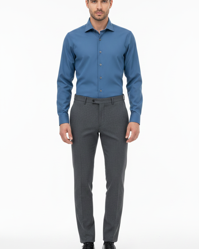 Wam Denim Vuric Petrol Long Sleeve Shirt – model front view, tucked in