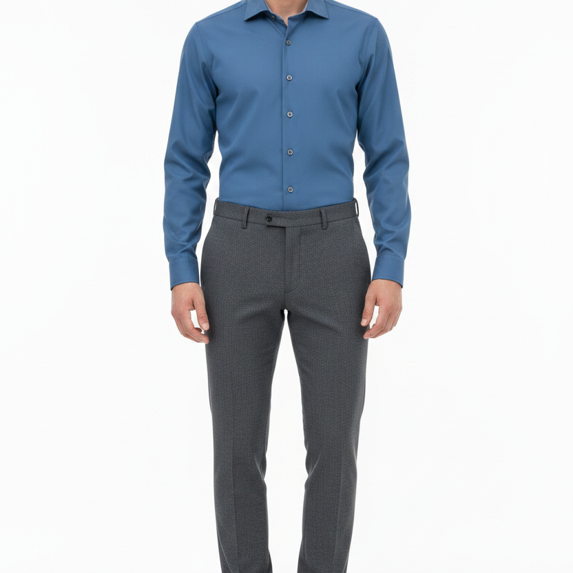 Wam Denim Vuric Petrol Long Sleeve Shirt – model front view, tucked in