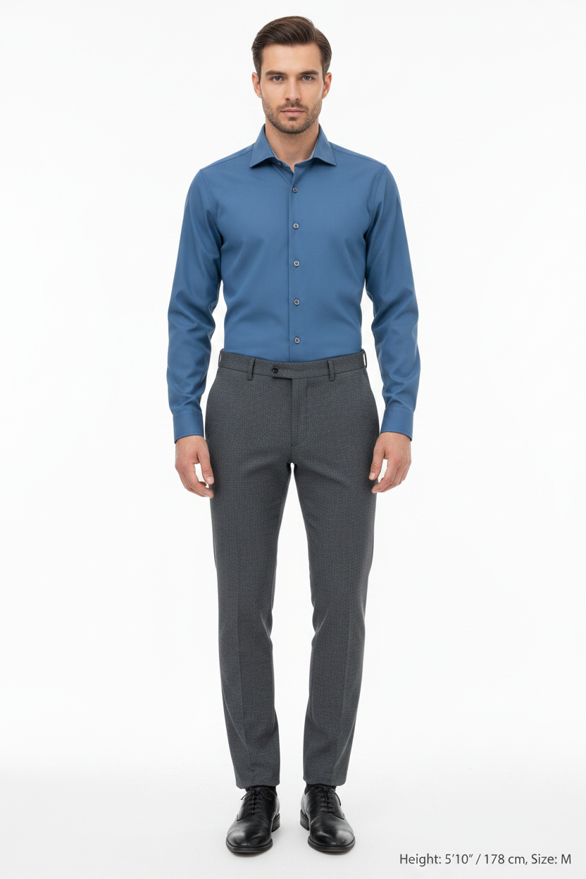 Wam Denim Vuric Petrol Long Sleeve Shirt – model front view, tucked in