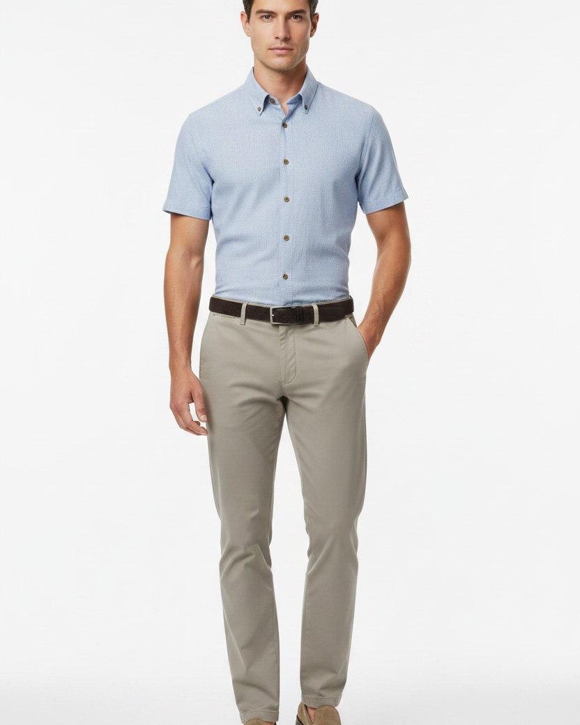 Wam Denim Quarn Blue Short Sleeve Shirt – model front view, tucked in