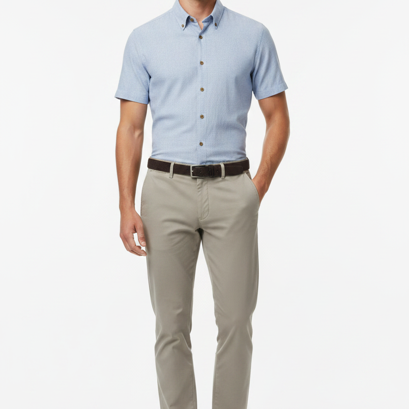 Wam Denim Quarn Blue Short Sleeve Shirt – model front view, tucked in