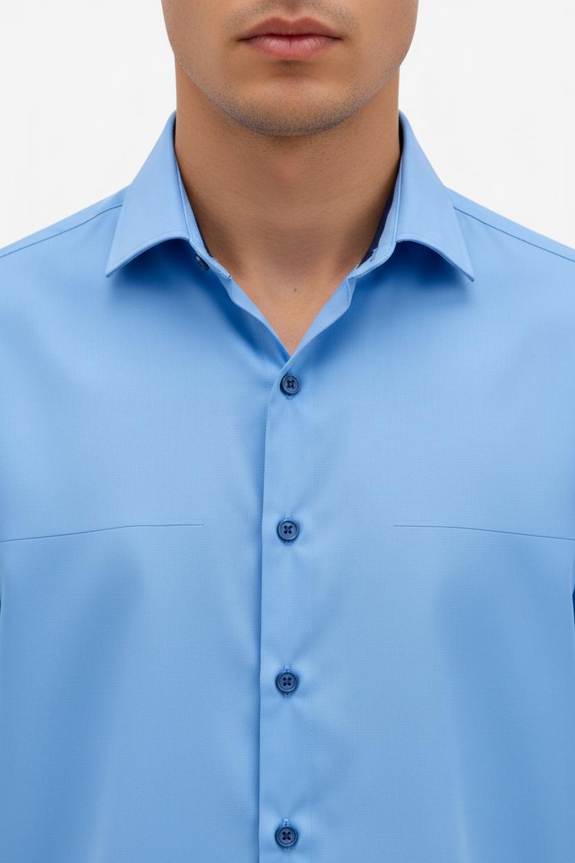 Wam Denim Valmor Sky Blue Shirt – spread collar with navy contrast inner lining close-up