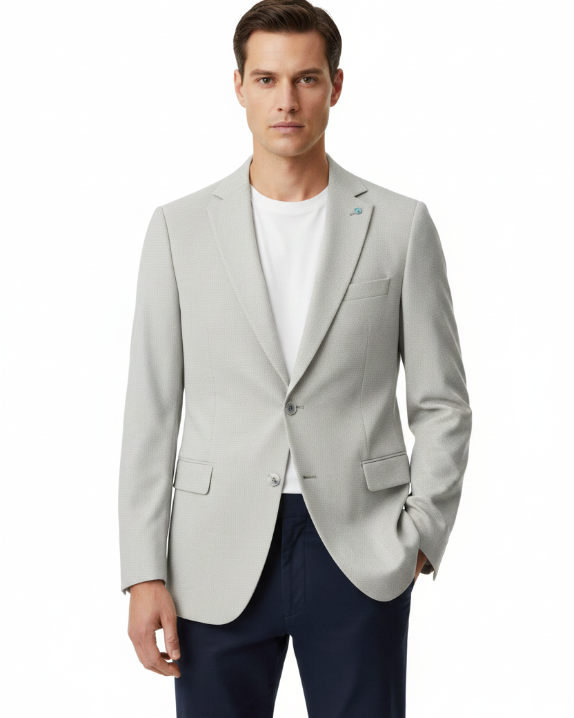 Front view - light grey micro-check blazer on model