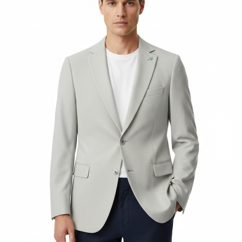 Front view - light grey micro-check blazer on model