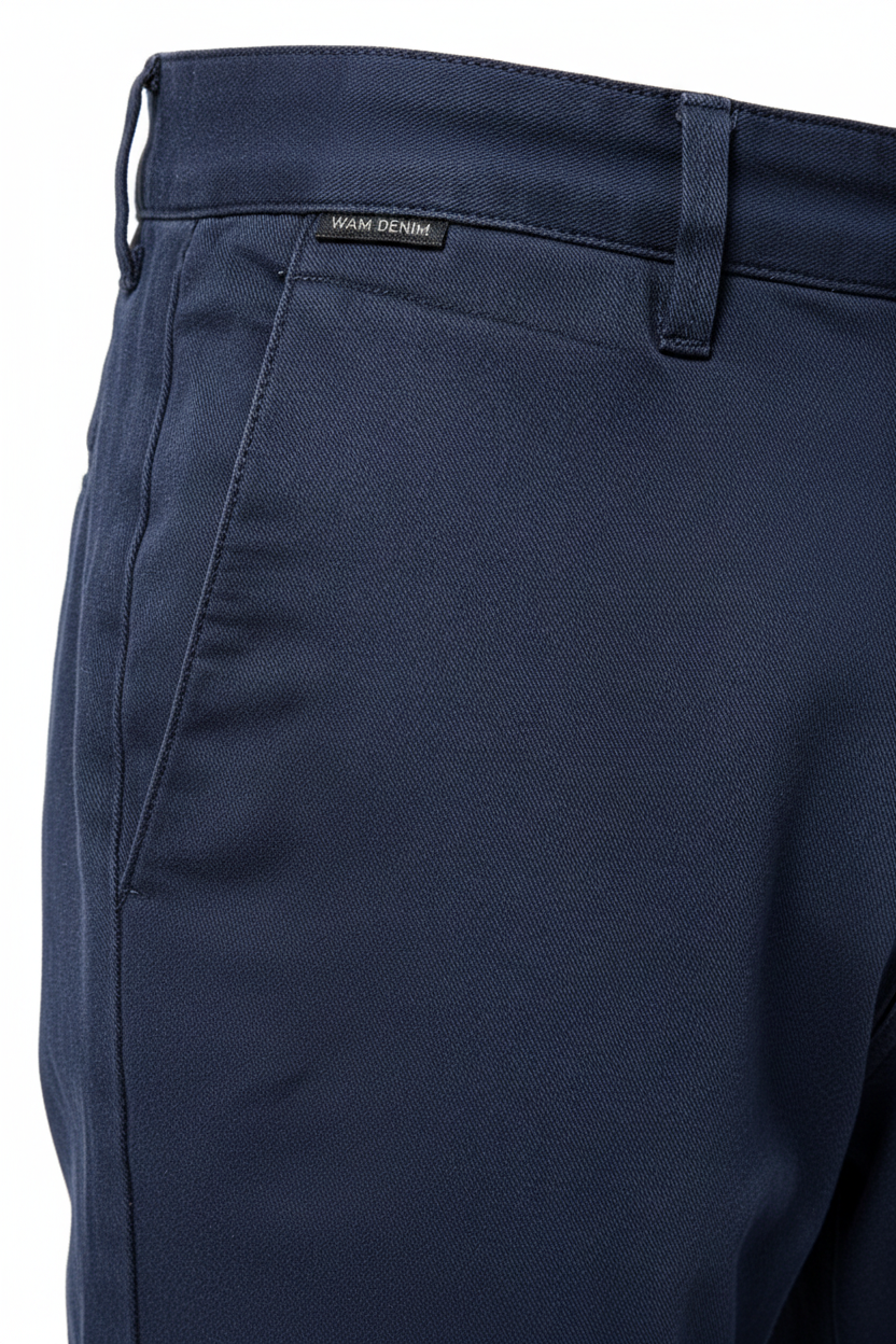 Wam Denim Jorell Navy Chino – waistband, belt loops and front pocket detail