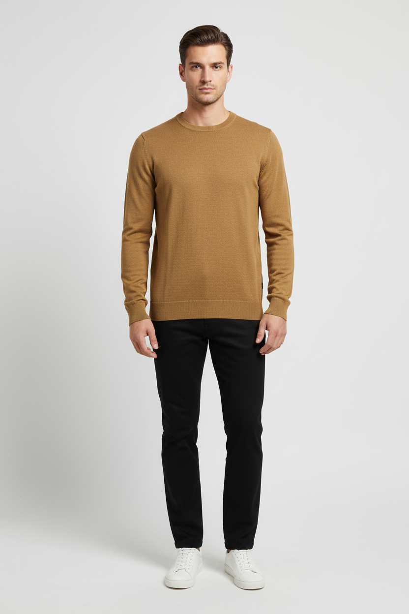 Close view of the ribbed crew neck and fine-knit texture of a dark-yellow sweater