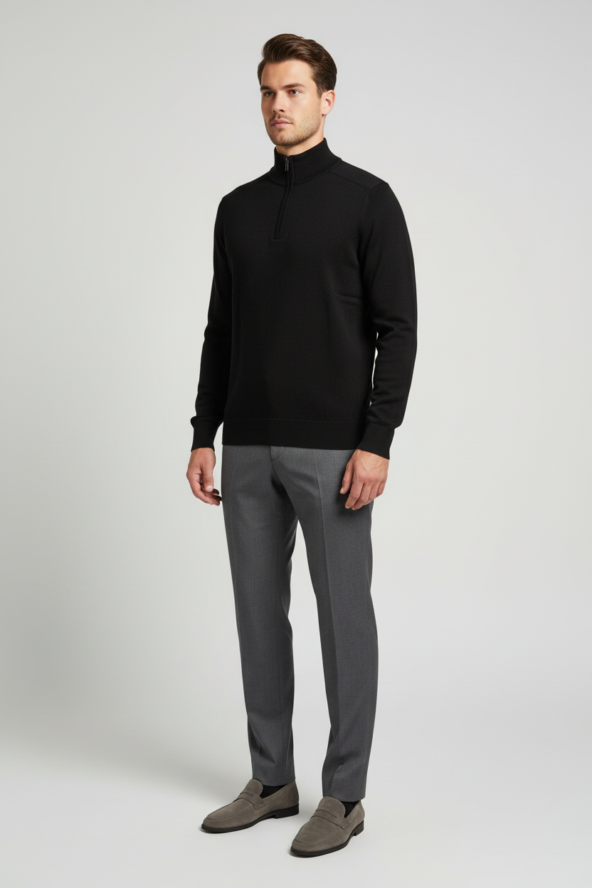 Male model wearing the Sharp black quarter-zip sweater in a three-quarter view