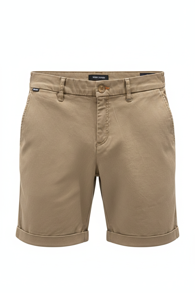 Wam Denim Kelden Dark Beige Chino Shorts – waistband, belt loops and front pocket detail