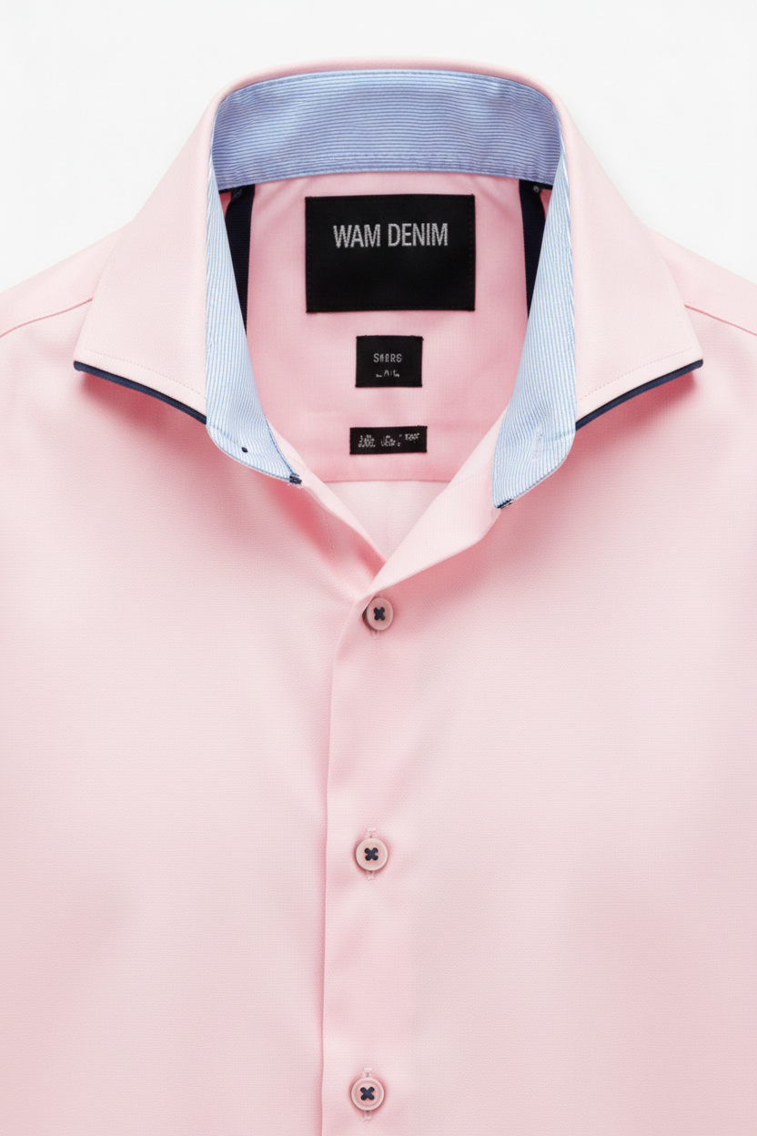 Wam Denim Seldor Pink Shirt – spread collar with light blue contrast inner lining close-up