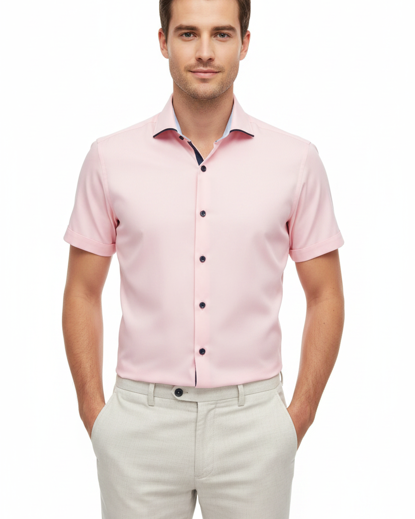 Wam Denim Seldor Pink Short Sleeve Shirt – model front view, tucked in