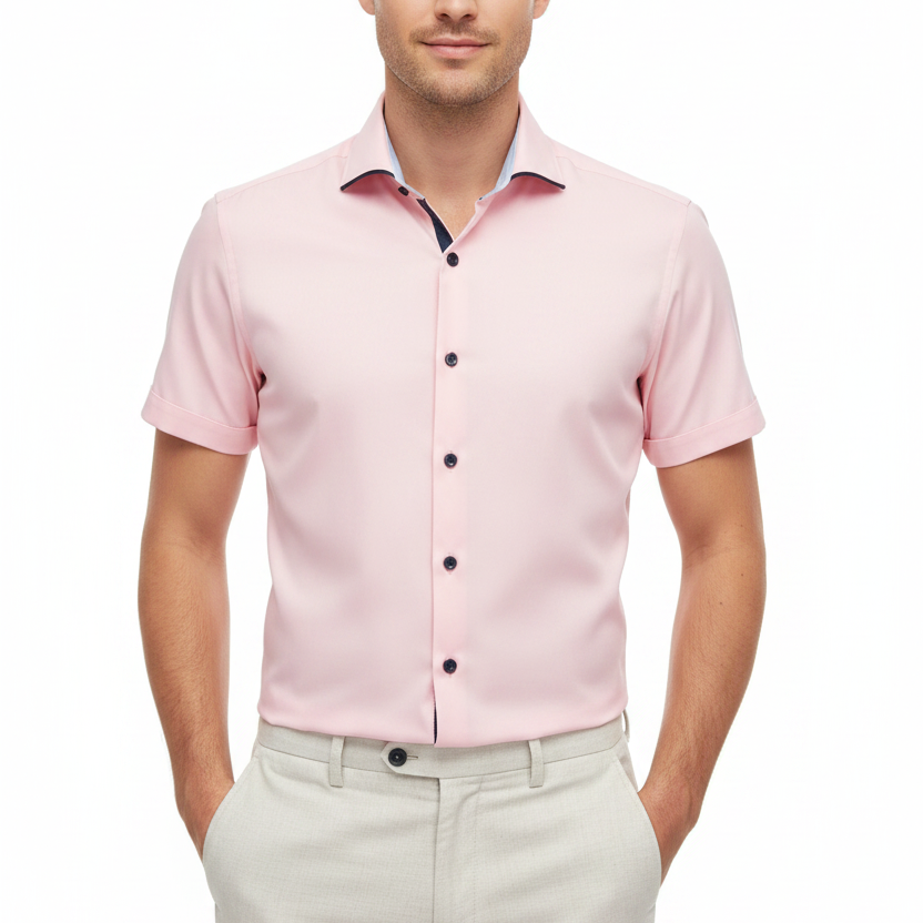 Wam Denim Seldor Pink Short Sleeve Shirt – model front view, tucked in
