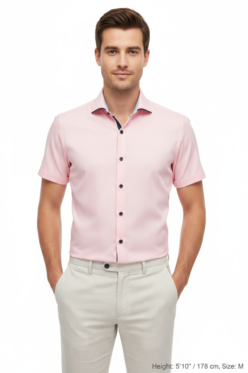 Wam Denim Seldor Pink Short Sleeve Shirt – model front view, tucked in