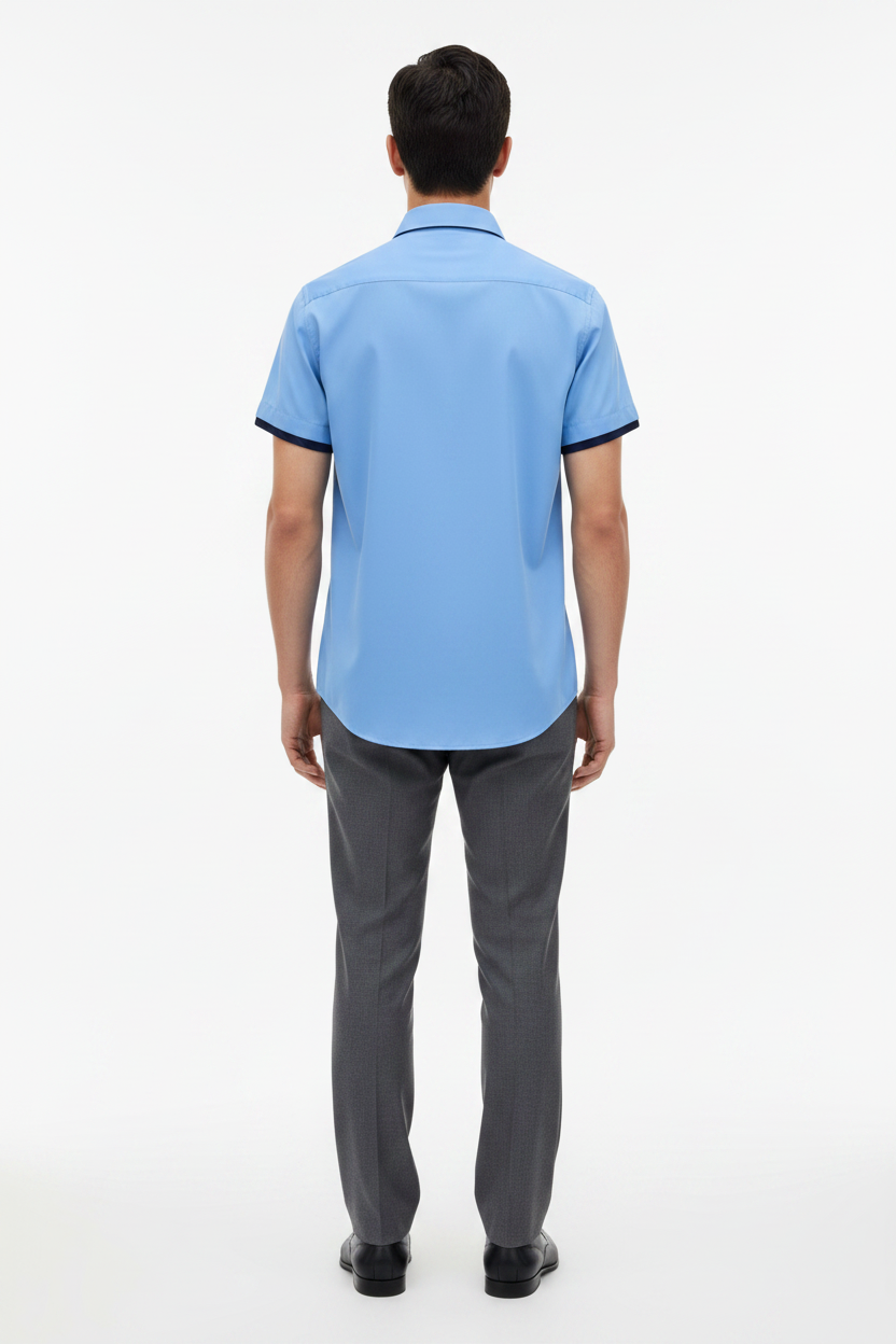 Wam Denim Valmor Sky Blue Short Sleeve Shirt – back view on model