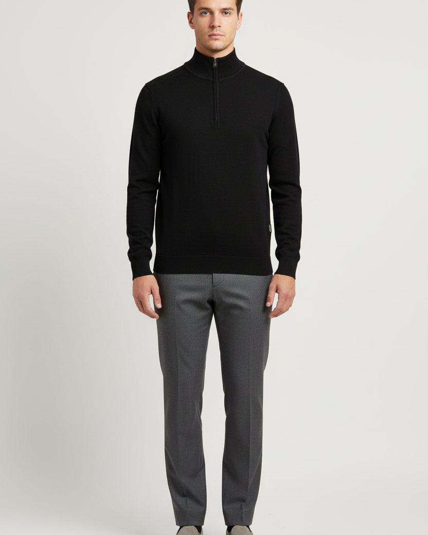 Male model wearing the Wam Denim Sharp black quarter-zip knit sweater, front view