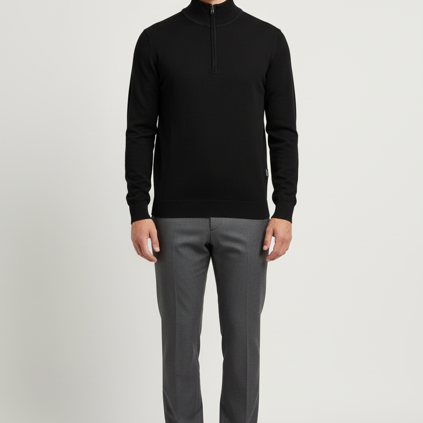 Male model wearing the Wam Denim Sharp black quarter-zip knit sweater, front view
