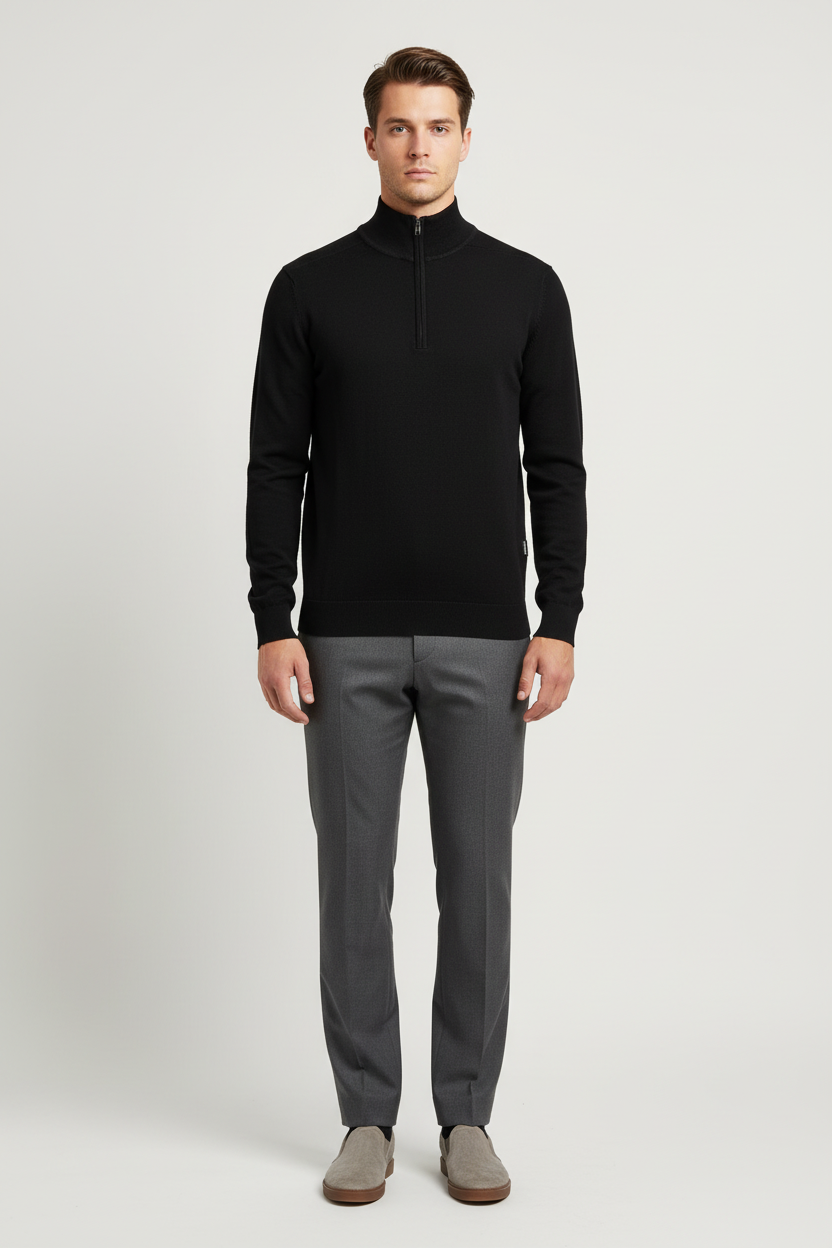 Male model wearing the Wam Denim Sharp black quarter-zip knit sweater, front view