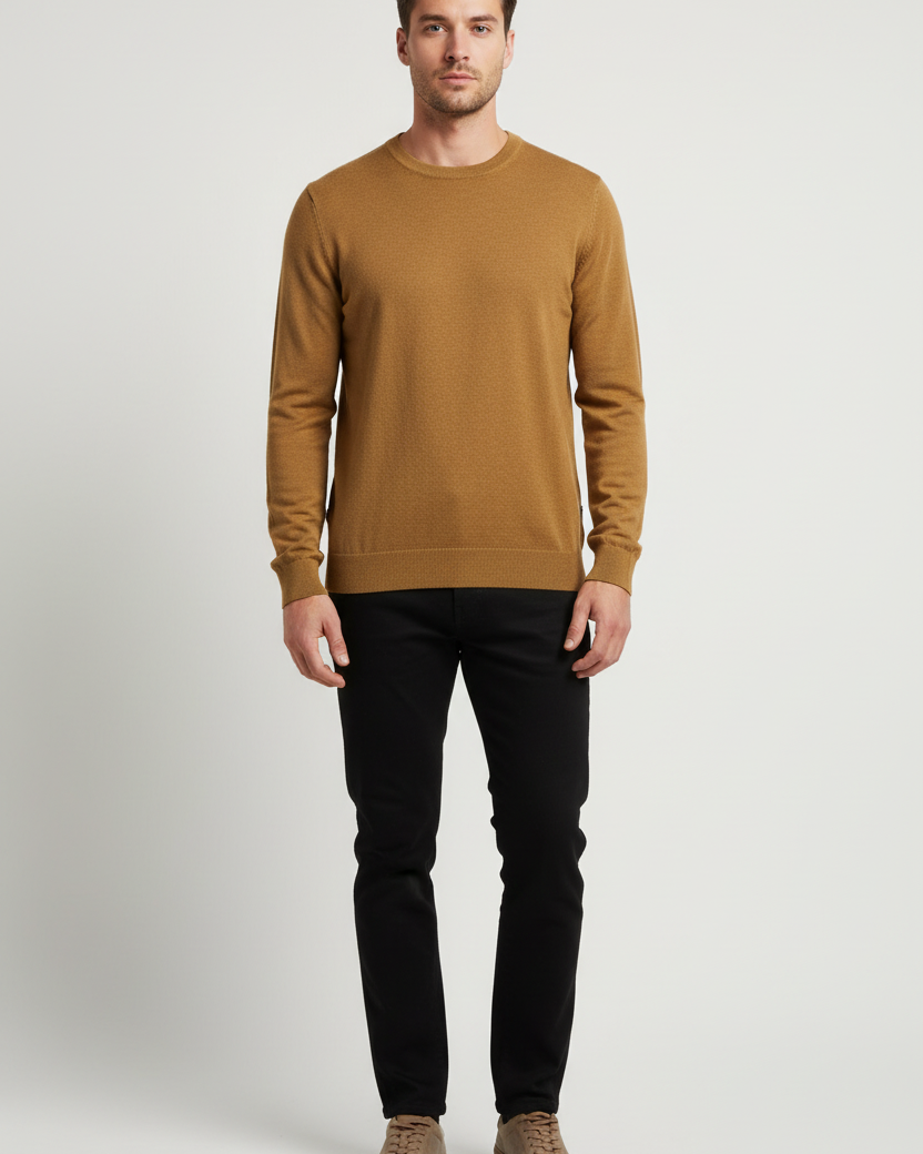 Male model wearing a Wam Denim dark-yellow crew-neck knit sweater, front view