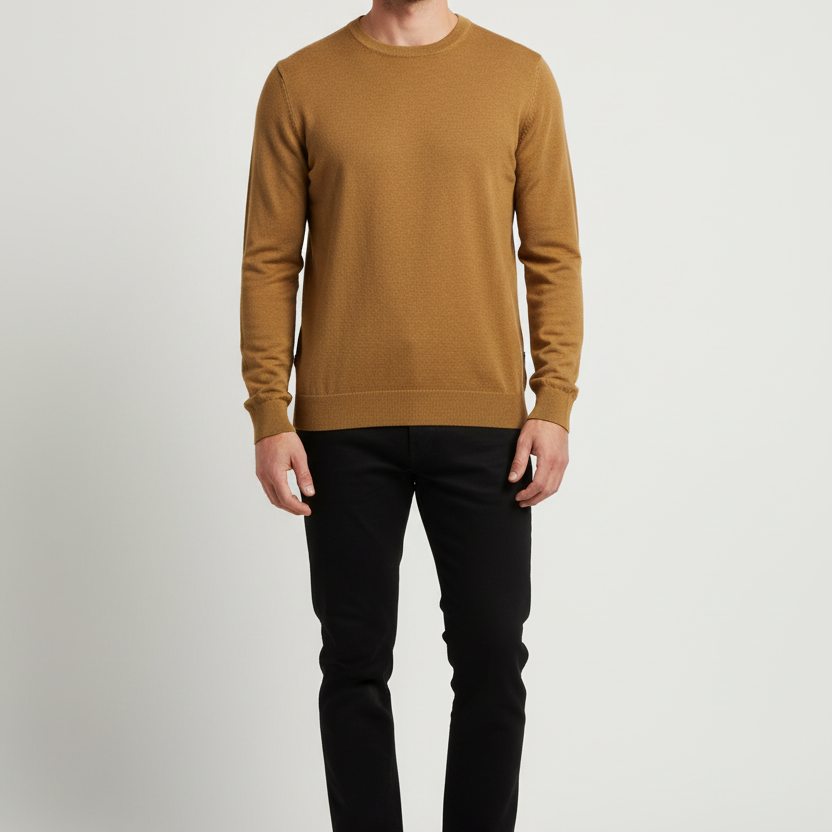 Male model wearing a Wam Denim dark-yellow crew-neck knit sweater, front view