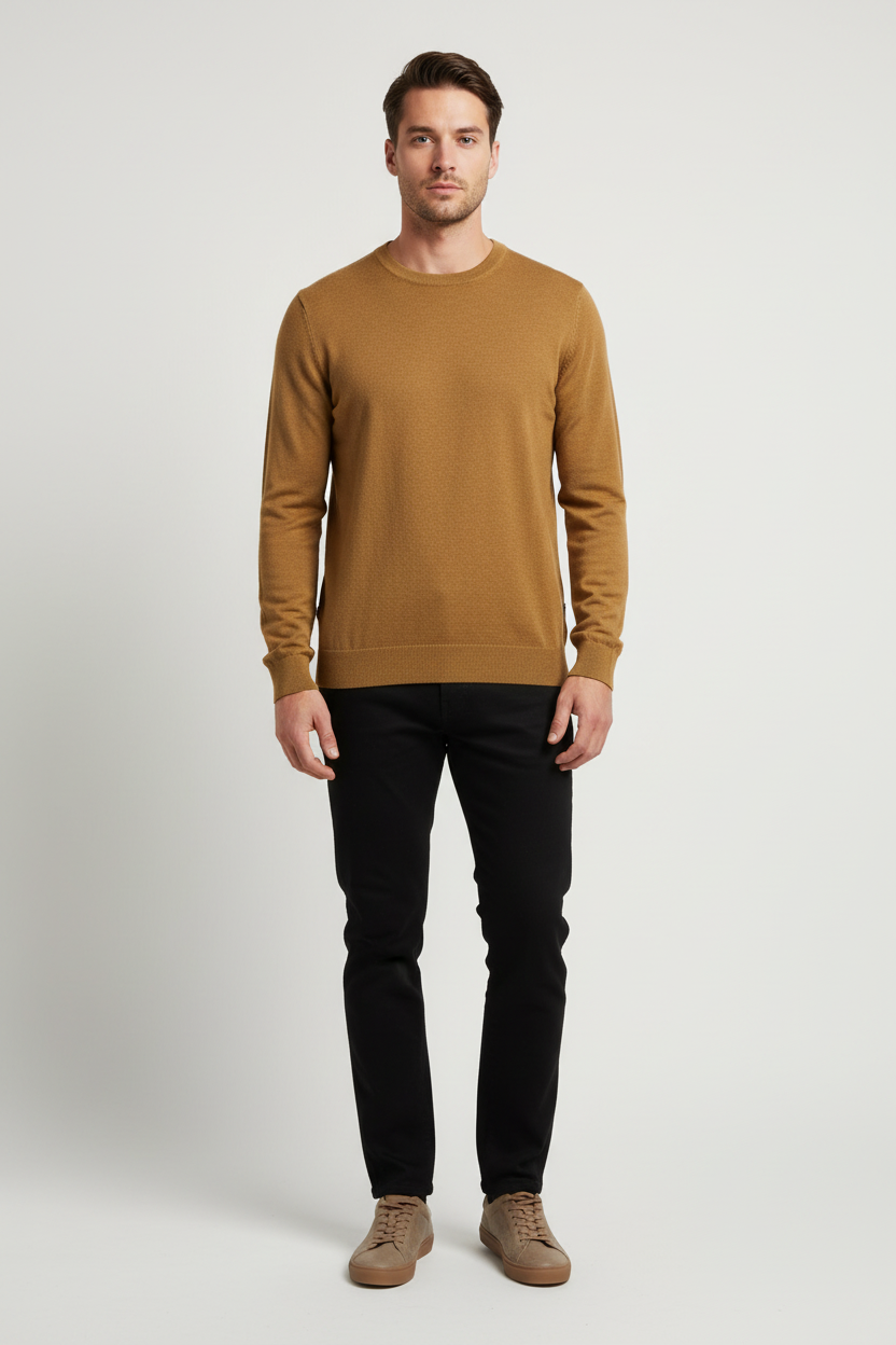 Male model wearing a Wam Denim dark-yellow crew-neck knit sweater, front view